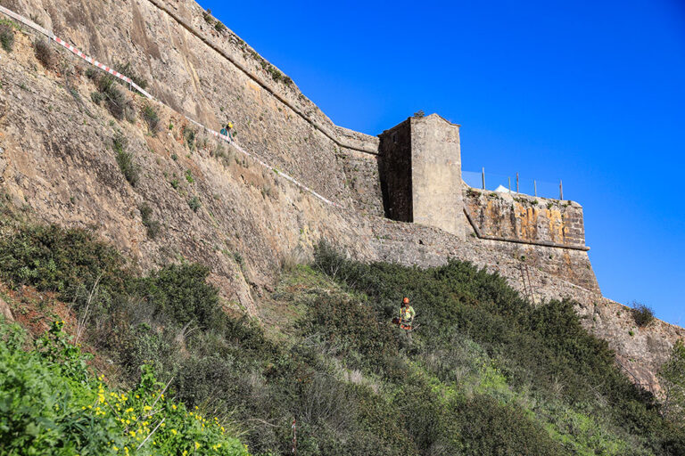 Preparação do terreno para a execução da segunda fase do projeto de reforço estrutural da encosta do Forte de São Filipe.