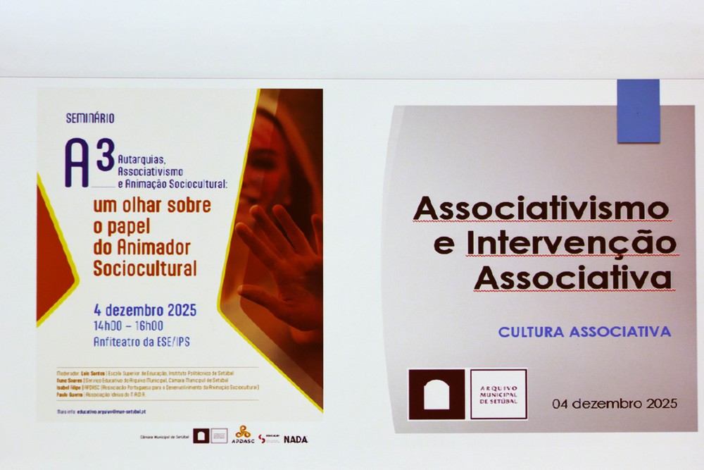 Cartaz e conteúdos projetados do seminário 'A3 – Autarquias, Associativismo e Animação Sociocultural', dedicado aos desafios e responsabilidades do animador sociocultural