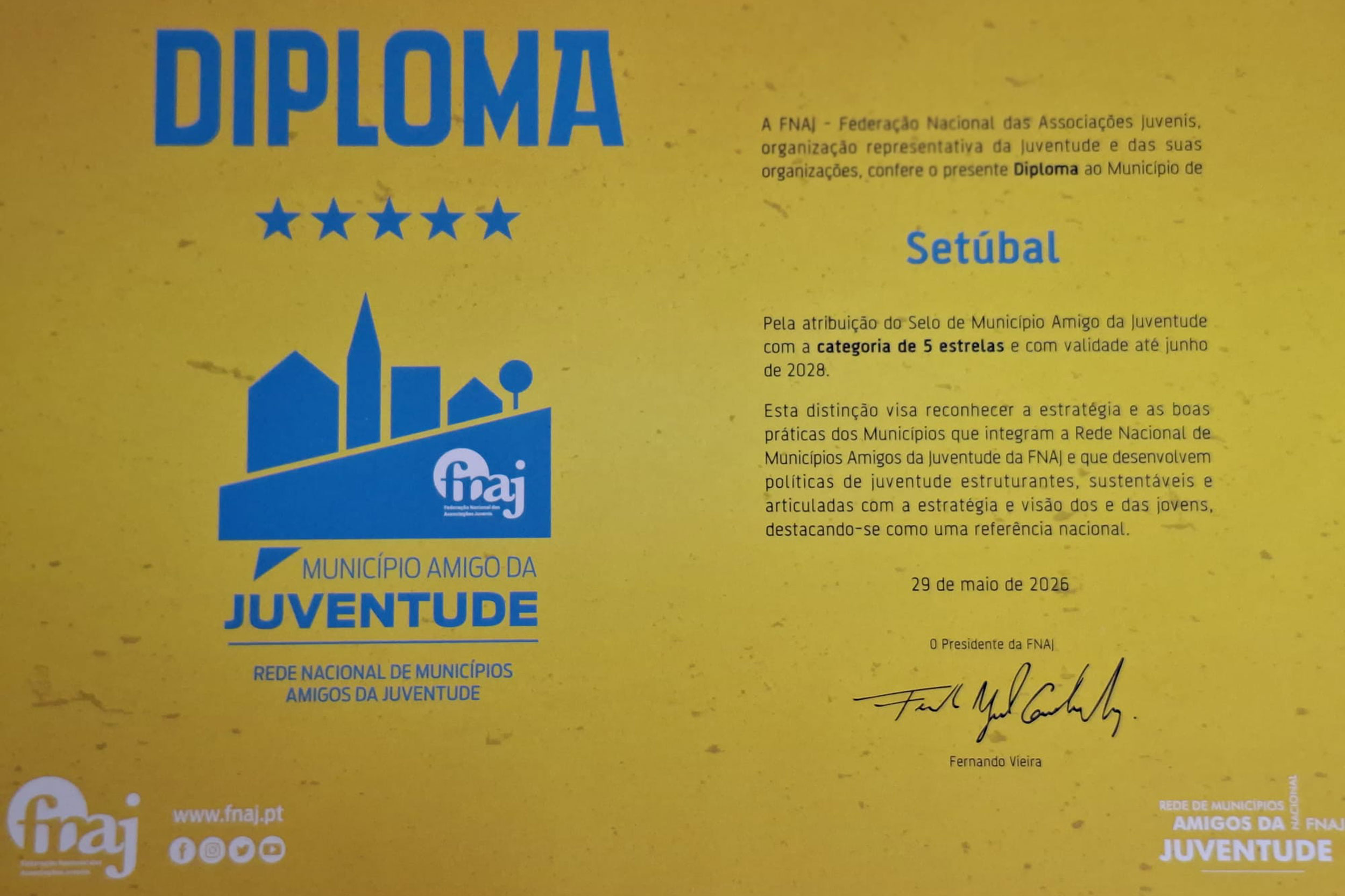 A Câmara Municipal de Setúbal atingiu a classificação máxima na avaliação da Rede Nacional de Municípios Amigos da Juventude, recebendo o Selo de Município Amigo da Juventude – 5 Estrelas